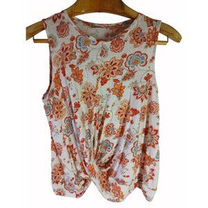 J Jill Love Linen Floral Knit Tank Top M White Orange Pink Twist Banded Hem